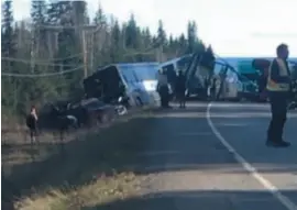  ?? SUBMITTED PHOTO BY RICHARD WESLEY ?? A bus driver has been charged under the Motor Vehicle Act in relation to this April 2017 crash on Highway 97 south of Kersley. One person was killed in the four-vehicle incident.