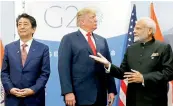  ?? — AP ?? Prime Minister Narendra Modi with US President Donald Trump and Japan’s Prime Minister Shinzo Abe on Friday, in Buenos Aires, Argentina.