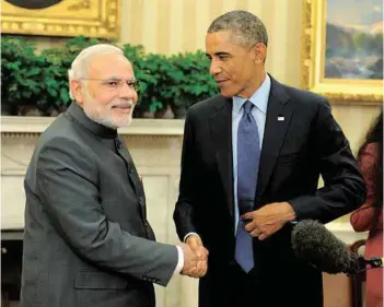  ?? PHOTOGRAPH: PIB ?? Prime Minister Narendra Modi with President Barack Obama after press statement
at the White House, in Washington DC on September 30