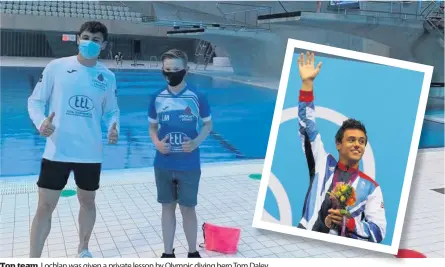  ??  ?? Top team Lochlan was given a private lesson by Olympic diving hero Tom Daley