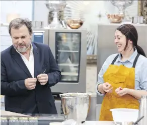  ??  ?? Acclaimed French pastry chef Pierre Herme chats with Giselle Courteau of Edmonton’s Duchess Bakeshop during filming of Meilleur pâtissier — Les Profession­els, the French equivalent of the Great British Bake Off.