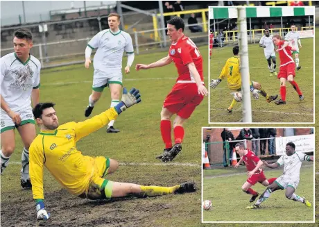  ?? Paul Watson ?? Craig Cairns nets the first of his three goals against Burscough last Saturday while ( inset, top) Harry Brazel makes it 2-0 and ( inset, below) Kevin Exell tries to evade a sliding challenge by Rex Kimona-Puissance.