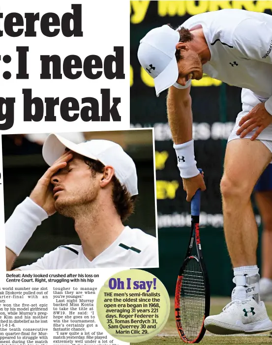  ??  ?? Defeat: Andy looked crushed after his loss on Centre Court. Right, struggling with his hip