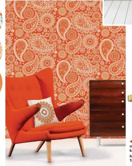  ?? ?? Cast a sunset glow through your home with orange. Nod to the 1970s with a retro print or keep it fresh with a pretty floral pattern
Mini Moderns Paisley Crescent wallpaper in
Tangerine, £50 per roll, John Lewis & Partners