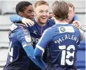  ??  ?? David Keillor-Dunn celebrates his goal for Oldham on Saturday