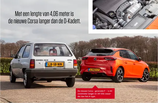  ??  ?? De nieuwe Corsa - generatie F - is 44 centimeter langer en 341 kilo zwaarder dan het A-type. Met een lengte van 4,06 meter is de nieuwe Corsa langer dan de D-Kadett.