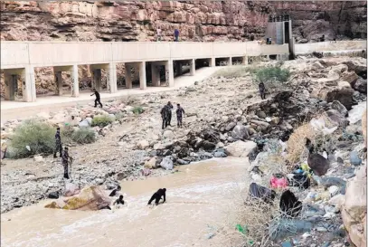  ?? Omar Akour ?? The Associated Press Jordanian rescuers search for survivors of flash floods Friday at the Dead Sea area of Jordan. The body of a 12-year-old girl was recovered early Friday, a day after middle school students and teachers visiting nearby hot springs were swept away by the torrent.