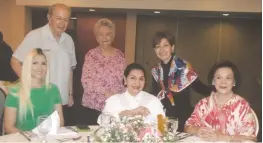  ??  ?? CELEBRANT. Amparito L. Lhuillier, seated center, with Alejandra Maita and Mya Gonzalez. Standing are Jaime Picornell, Angie Mathieu and Anamari Dizon.