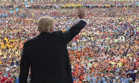  ?? CAROLYN KASTER/THE ASSOCIATED PRESS FILE PHOTO ?? MONDAY, JULY 24: U.S. President Donald Trump speaks at a Boy Scout jamboree. Kat Timpf, Fox News host and libertaria­n columnist: “It’s a strange thing to use your time in front of tens of thousands of teenagers to brag about your election win and your...