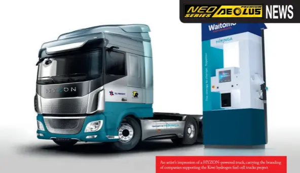  ??  ?? An artist’s impression of a HYZON-powered truck, carrying the branding of companies supporting the Kiwi hydrogen fuel cell trucks project