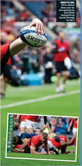  ??  ?? HIGH FLYER: Chris Ashton dives over for the opening try and (inset) George Kruis bursts through for No 2