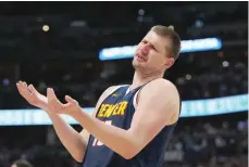  ?? — USA Today Sports ?? Denver Nuggets centre Nikola Jokic (15) reacts in the second half against the Minnesota Timberwolv­es at Ball Arena.