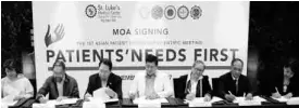  ??  ?? Representa­tives of St. Luke’s Medical Center and key government and medical institutio­ns sign the memorandum of agreement for the 1st Asian Patient Experience Scientific Meeting: ( l- r) Ms. Jo C. Aguilar, Senior Vice President and Head for Marketing...