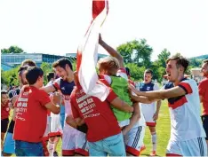  ?? Foto: Horst Hörger ?? Befreiter Jubel: Der TSV Blaustein spielt nach einem harten Stück Arbeit weiter in der Landesliga.