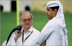  ?? ?? Paris Saint-Germain President Nasser Al Khelaifi is seen with Head of French Football Federation Noel Le Graet during France’s training session at the Jassim Bin Hamad Stadium in Doha on Thursday.