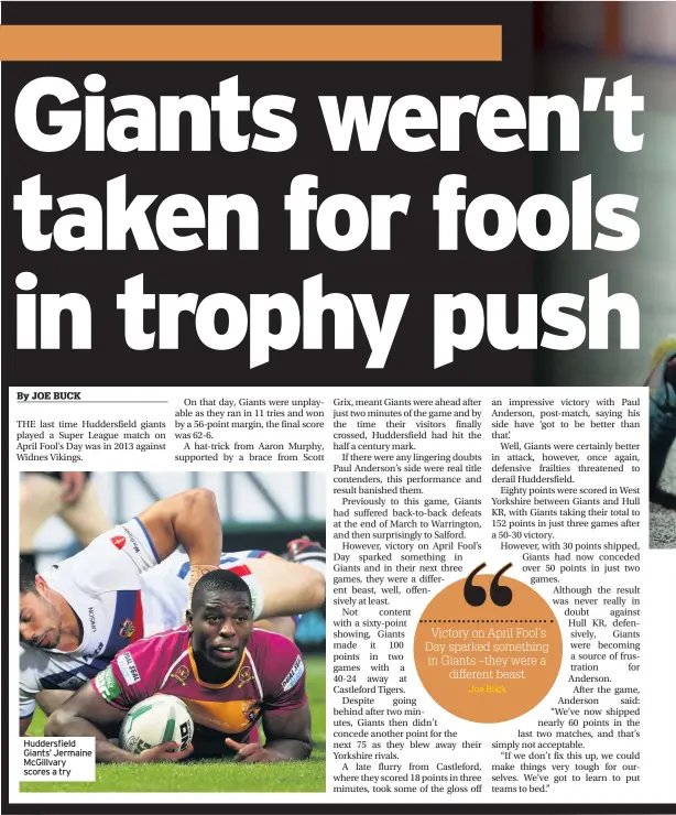  ??  ?? Huddersfie­ld Giants’ Jermaine McGillvary scores a try
Joe Buck