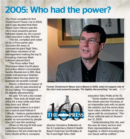  ?? STUFF ?? Former Christchur­ch Mayor Garry Moore in 2005, when he topped a list of the city’s most powerful people. ‘‘It’s slightly disconcert­ing,’’ he said.