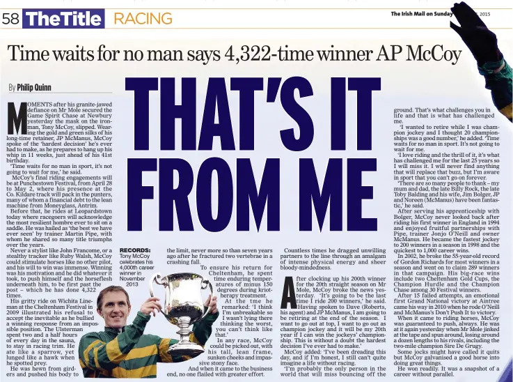  ??  ?? RECORDS: Tony McCoy celebrates his 4,000th career winner in November
2013