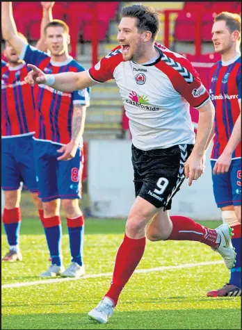  ??  ?? Clyde’s John Gemmell celebrates after notching the opener for League Two promotion hopefuls Clyde