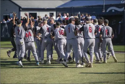  ?? Photo courtesy of Cole Franquiz Photograph­y ?? The Hart Indians, shown above celebratin­g their win over Newport Harbor on May 7, secured a shutout win against the hosting Arlington Lions during their game on Friday.