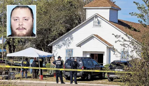  ?? REUTERS ?? Investigat­ors work at the scene of a deadly shooting at the First Baptist Church in Sutherland Springs, Texas on Nov. 5. Inset shows slain suspect Devin Kelley, who was kicked out of the US Air Force following a court martial for domestic violence charges. Related story on Page 17.