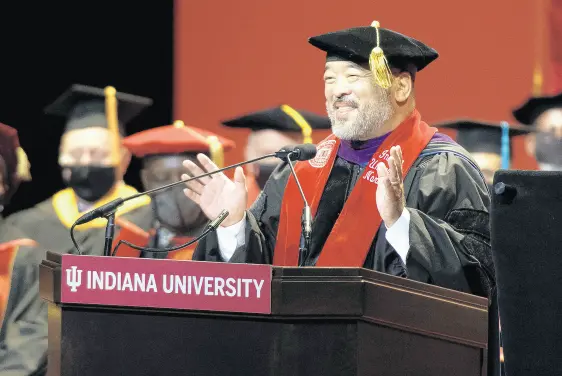  ?? MICHAEL GARD/POST-TRIBUNE ?? Ken Iwama speaks after being installed as the seventh chancellor of Indiana University Northwest during a ceremony Friday at the university in Gary.