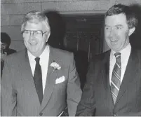  ?? RED MACIVER THE CANADIAN PRESS FILE PHOTO ?? Crosbie and then-prime minister Joe Clark share a laugh just before Crosbie presents his ill-fated budget on Dec. 11, 1979.