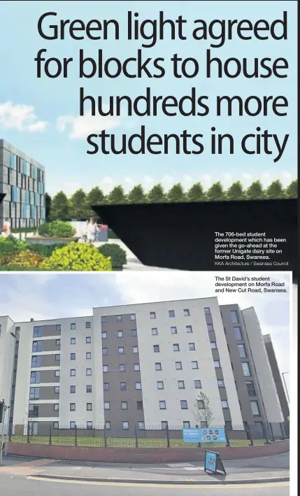  ?? KKA Architectu­re / Swansea Council ?? The 706-bed student developmen­t which has been given the go-ahead at the former Unigate dairy site on Morfa Road, Swansea. The St David’s student developmen­t on Morfa Road and New Cut Road, Swansea.