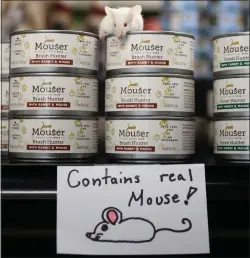  ?? ARIC CRABB — STAFF PHOTOGRAPH­ER ?? A mouse sits atop cans of Mouser cat food at the Pets and More store on April 20 in Campbell. Mouser is a new cat food that contains mouse meat paired with duck, rabbit, chicken or turkey.