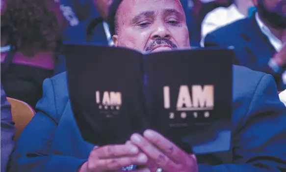  ?? Picture: AFP ?? Martin Luther King III, son of the Rev Martin Luther King Jr, listens during a ceremony at Mason Temple, Church of God in Christ to commemorat­e the 50th anniversar­y of the assassinat­ion of the civil rights leader in Memphis, Tennessee.