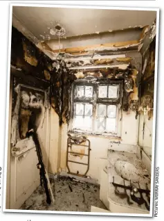  ??  ?? Lucky escape: Dame Joan Collins’s C bathroom after the fire, above. Below, Joan with her husband Percy