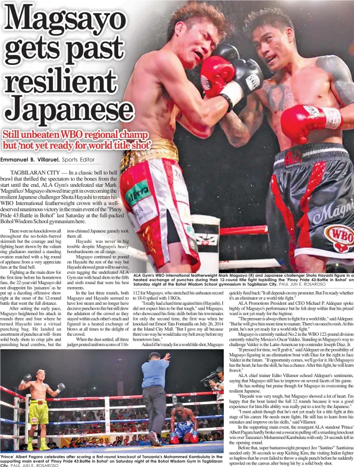  ?? PAUL JUN E. ROSAROSO
PAUL JUN E. ROSAROSO ?? ALA Gym's WBO Internatio­nal featherwei­ght Mark Magsayo (R) and Japanese challenger Shota Hayashi figure in a heated exchange of punches during their 12-round title fight topbilling the 'Pinoy Pride 43:Battle in Bohol' on Saturday night at the Bohol...