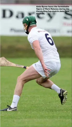  ??  ?? Anto Byrne faces the formidable figure of Mark Maloney during the Christy Ring Cup clash in Joule Park Aughrim.