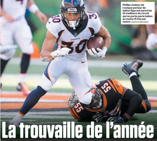  ?? PHOTO D’ARCHIVES ?? Phillip Lindsay est l’unique porteur de ballon figurant parmi les 10 meilleurs du circuit qui ne porte pas le ballon au moins 15 fois par match.