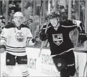  ?? Sean M. Haffey Getty Images ?? NIC DOWD REACTS after his goal gave the Kings a 3-2 lead over the Oilers in the second period.