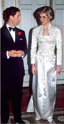  ??  ?? Clockwise from above: Princess Diana wearing Victor Edelstein with Prince Charles on a tour of France, 1988; attending a film premiere, on official duties and watching Trooping the Colour with her sons and the Queen Mother, all in 1989