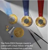  ?? ?? The Paris 2024 Olympic medal is paired with a blue ribbon, while the Paralympic­s medal has a red one.