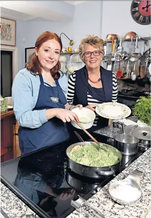  ??  ?? ‘Lurid green rice grains fly across the granite work surfaces’: Eleanor Steafel cooks for Prue Leith. Left, Eleanor’s plum meringue dessert