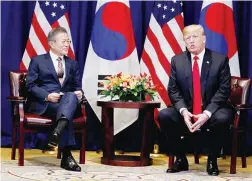  ??  ?? US President Donald Trump holds a bilateral meeting with South Korean President Moon Jae-in on the sidelines of the 73rd United Nations General Assembly in New York, US, September 24, 2018. (Reuters)