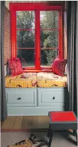  ??  ?? Caryn Cramer’s guest room features eye-catching orange trim in the window seats. The SherwinWil­liams paint colours in the room include Refresh, Obstinate Orange, Papaya and Cucumber.