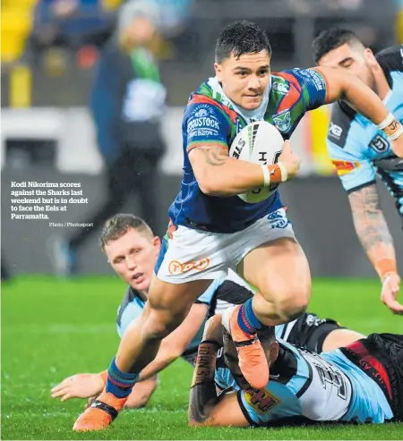  ?? Photo / Photosport ?? Kodi Nikorima scores against the Sharks last weekend but is in doubt to face the Eels at Parramatta.