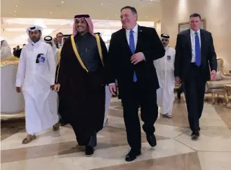  ?? ANDREW CABALLERO-REYNOLDS Reuters ?? US SECRETARY of State Mike Pompeo with Mohammed bin Abdulrahma­n bin Jassim Al Thani, the Deputy Prime Minister and Qatari Minister of Foreign Affairs, at the Sheraton Grand in Doha, Qatar, yesterday. |