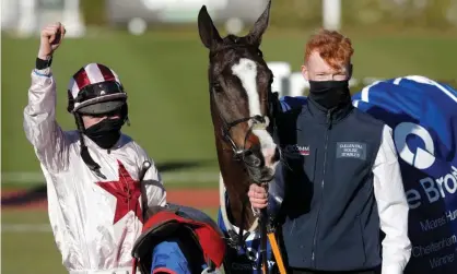  ??  ?? Jack Kennedy with Black Tears, who was trained until recently by Gordon Elliott, in the winnersenc­losure. Photograph: Tom Jenkins/The Guardian