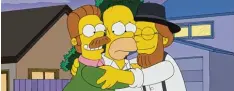  ??  ?? Homer (Mitte) mit dem frommen Ned Flanders (links) – die Karikatur eines christli chen Fundamenta­listen. Daneben: Neds Cousin.