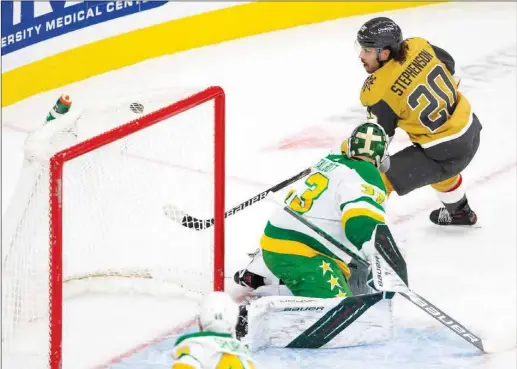  ?? Ellen Schmidt Las Vegas Review-journal @ellenschmi­dttt ?? Chandler Stephenson scores a goal on Wild goaltender Cam Talbot, one of three the Knights scored in the third period in their 5-1 win on Wednesday.