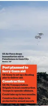  ?? Photos / AP ?? US Air Force drops humanitari­an aid to Palestinia­ns in Gaza City.