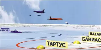  ?? Associated Press ?? A computer simulation released by the Russian Defense Ministry on Sunday purports to show Israeli jets near the Russian reconnaiss­ance plane shown in red, off Syria’s coast before it was accidental­ly shot down by Syrian forces responding to an Israeli airstrike.