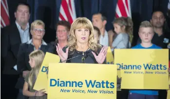  ?? ARLEN REDEKOP ?? Dianne Watts, seen during the announceme­nt of her bid for the leadership of the B.C. Liberal party on Sunday at the Sheraton Guildford Hotel in Surrey, says her “focus needs to be” in B.C., not Ottawa.