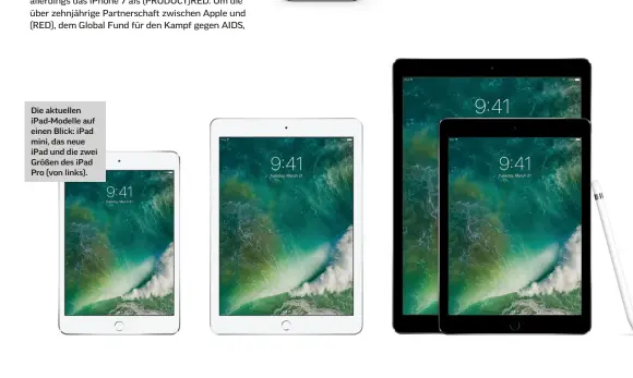 ??  ?? Die aktuellen iPad-Modelle auf einen Blick: iPad mini, das neue iPad und die zwei Größen des iPad Pro (von links).