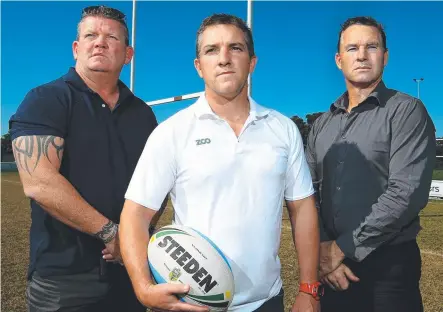  ?? Picture: DAVID CLARK ?? Rugby league club officials Nathan Antonik (Runaway Bay), Rod Hill (Tugun) and Damien Driscoll (Burleigh) want to get the issue of suicide out in the open more.